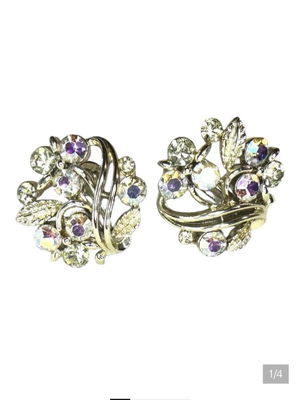 Vintage Lisner silver tone & Aurora Borealis clip on statement earrings